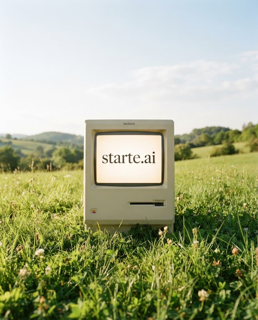 Ein alter Computer auf einer Wiese, auf dem Bildschirm: starte.ai
