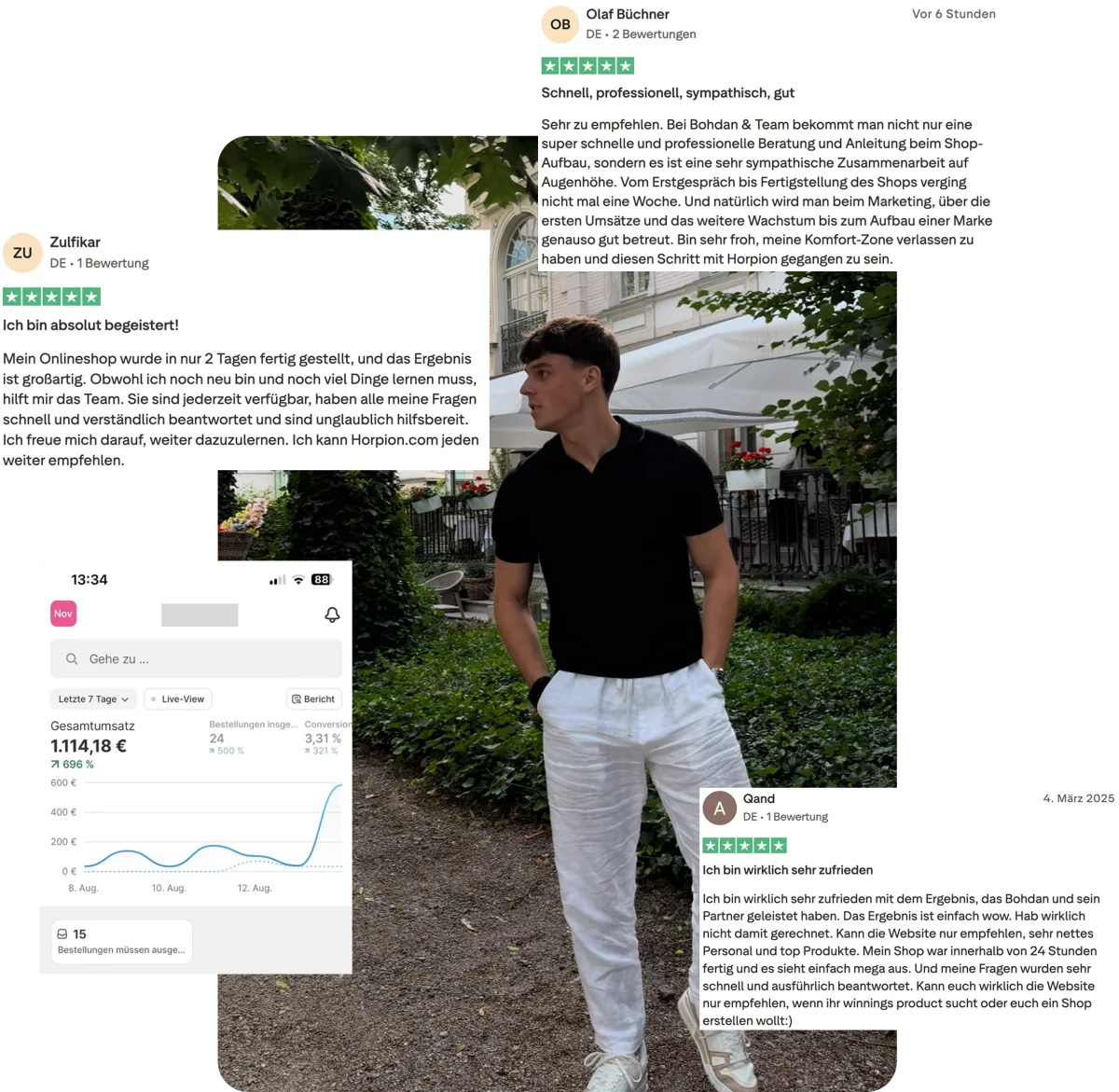 Bohdan Bernatek next to Trustpilot reviews and a Shopify revenue chart