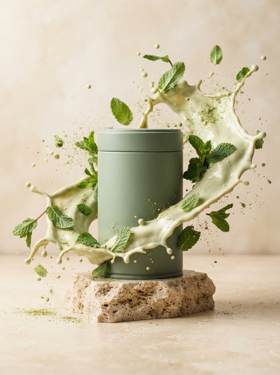 AI-generated example creative: product shot of a greens tin