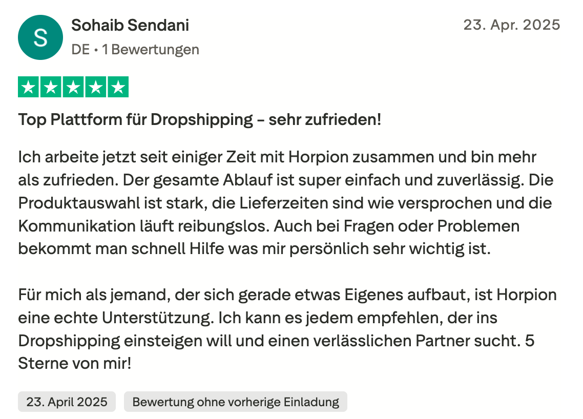 Trustpilot-Bewertung von Sohaib Sendani