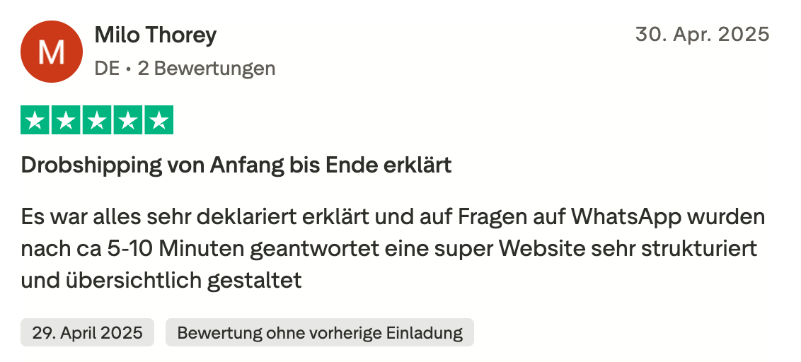 Trustpilot-Bewertung von Milo Thorey