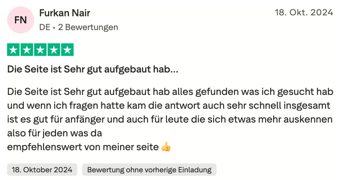 Trustpilot-Bewertung von Furkan Nair