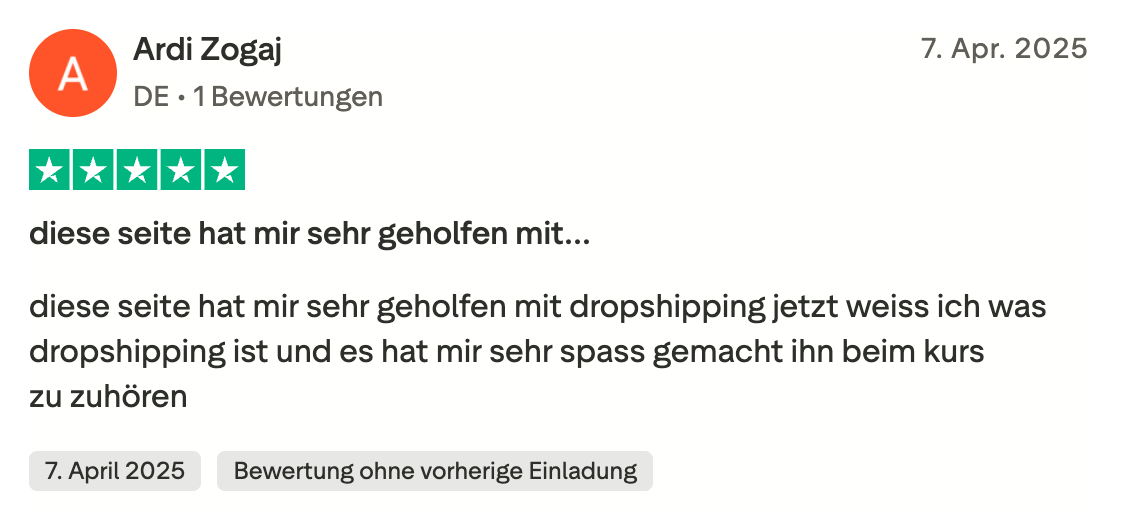 Trustpilot-Bewertung von Ardi Zogaj